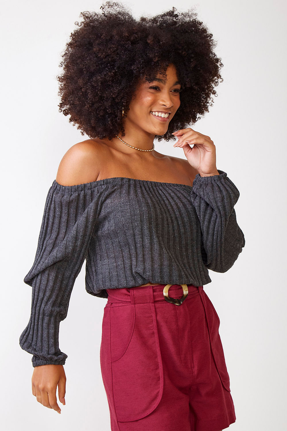 blusa tricot canelado ombro a ombro